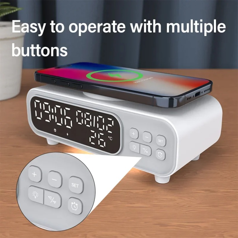 Wireless Charger Watch - 15 ワットワイヤレス充電器時間目覚まし時計 LED ナイトライト温度計イヤホン電話充電器急速充電ドックステーション iPhone 用