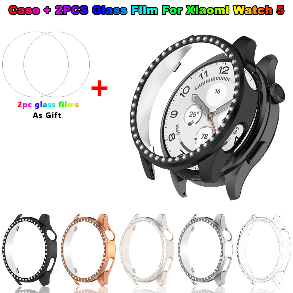 Android Smartwatch Accessories - キラキラ光るPCケース+ガラスフィルム Xiaomi Watch 5用 ダイヤモンドバンパープロテクターフレームシェルカバー Xiaomi