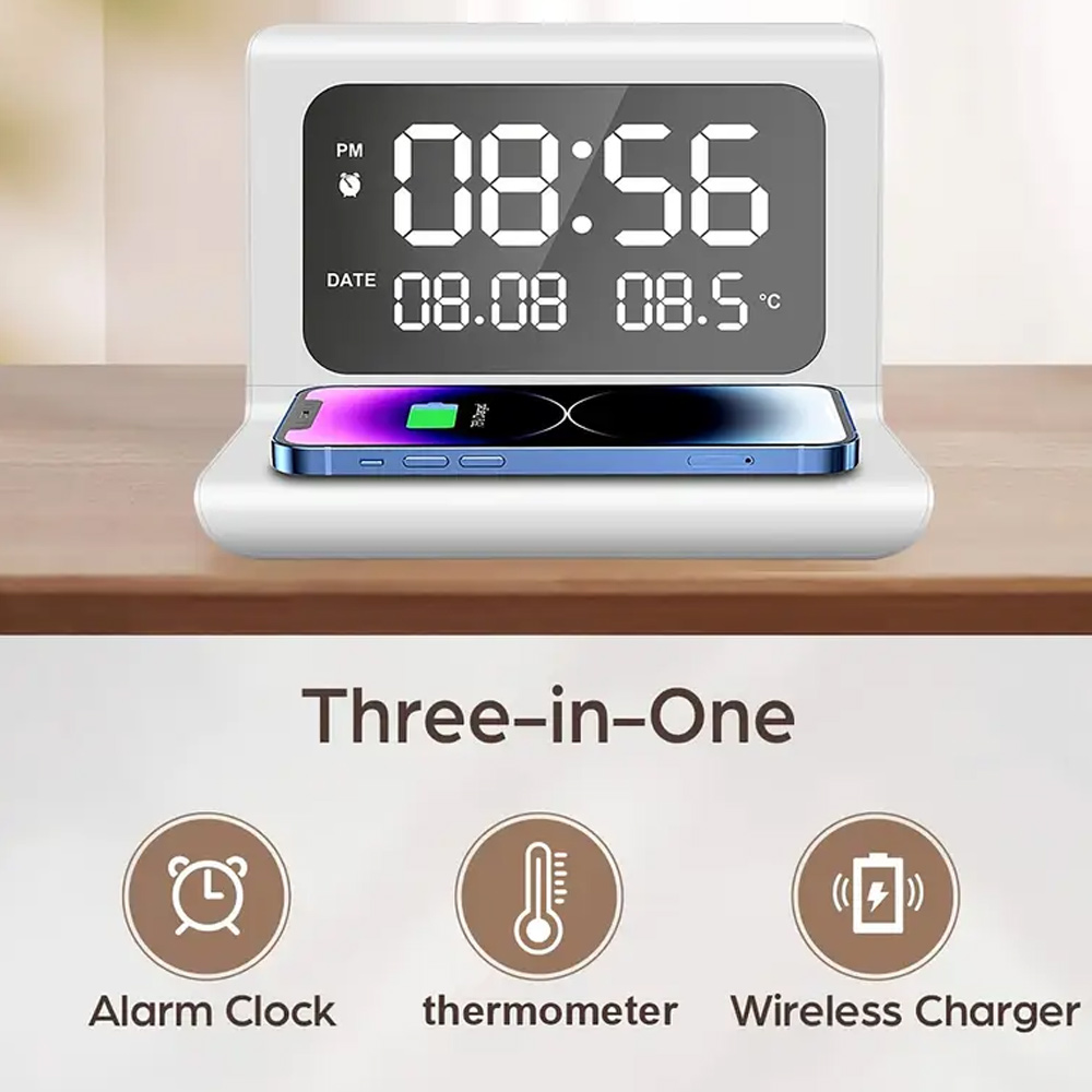 高速ワイヤレス充電パッドスタンド（目覚まし時計＆温度計付き） - Wireless Charger Watch のレビューと価格