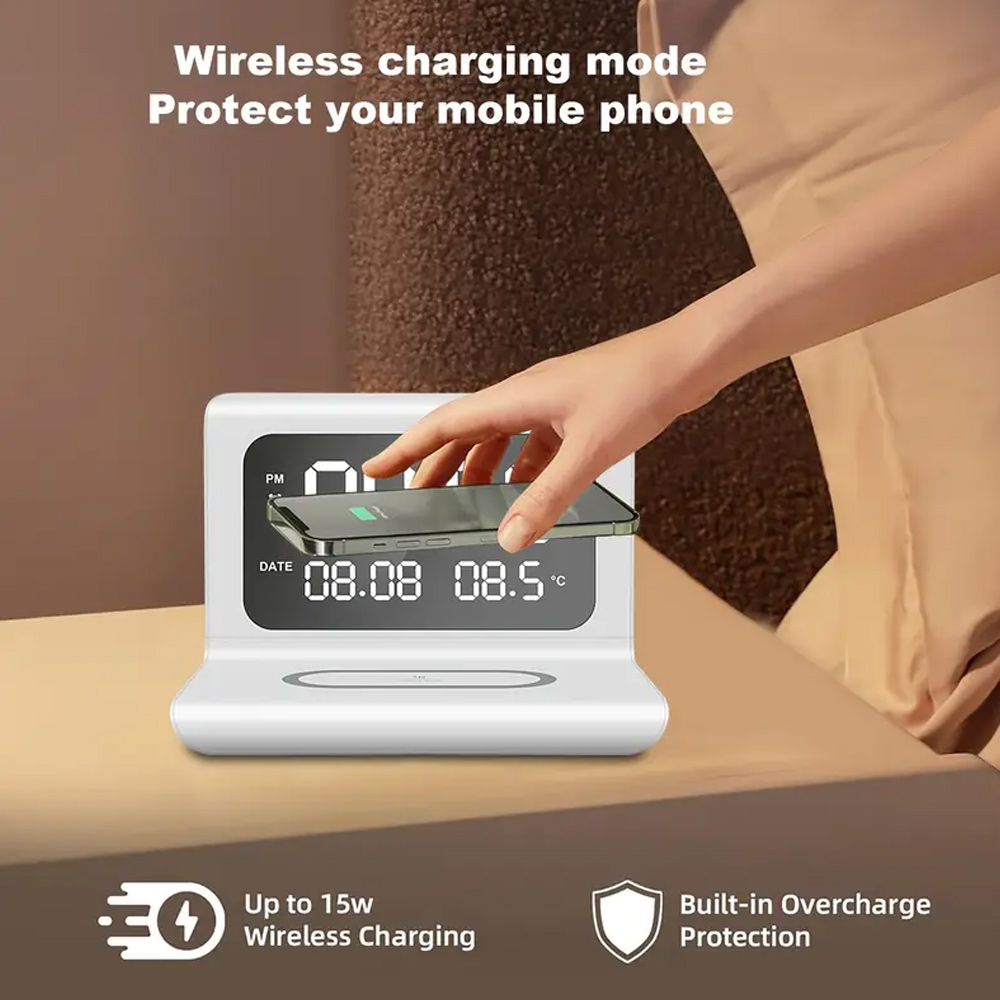 高速ワイヤレス充電パッドスタンド（目覚まし時計＆温度計付き） - Wireless Charger Watch のレビューと価格
